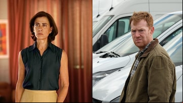 Fernanda Torres como Eunice Paiva em 'Ainda Estou Aqui' e Kris Hitchen como Ricky Turner em 'Você Não Estava Aqui'. Foto: Alile Dara Onawale via Sony Pictures/Divulgação e Joss Barrat via Vitrine Filmes/Divulgação